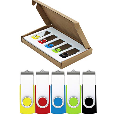 USB Flash Drive 32GB 5 Pack USB 2.0 Thumb Drive Jump Drive Pen Drive Bulk Memory Sticks Zip Drives Swivel Design Yellow/Red/Blue/Green/Black (5 Pcs Mixed Color)