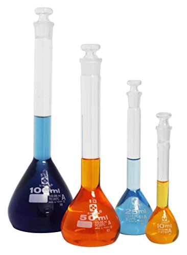 Vee Gee Scientific 202GK-004 Class A Volumetric Flask Glassware Kit in 4 Capacity Sizes (Pack of 4)