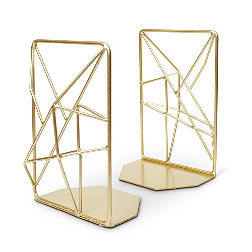 Opal Tree Bookends Geometric Modern Industrial - Decorative Iron Book Stoppers - Abstract/Home/Office/Rustic Creative Shelf Decor (Gold)