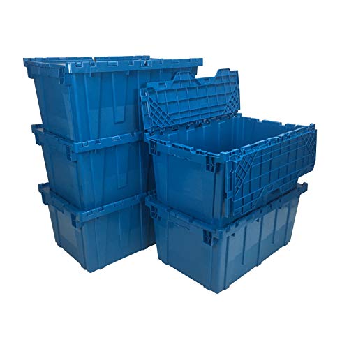 uBoxes, Storage and Packing Plastic Tote Crate Attached Lid Flip Top, 27-Inch x 17-Inch x 12-Inch, (Blue, 5-Pack)