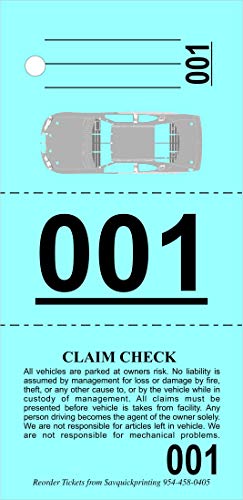 Valet Parking Tickets (1000) - Vehicle Claim Tags with Car Diagram - Valet Stubs Perforated - Auto Key Tags 3 Part Blue - Index Stock 110Lb Numbered 000-999 - by SavQuickPrinting (1000)