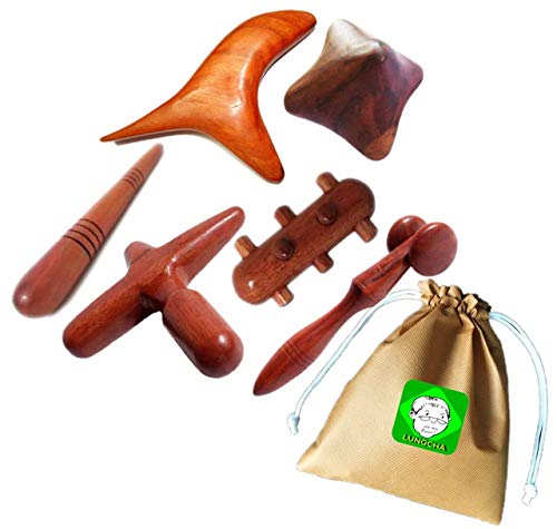 Lungcha Traditional Thai Massage Wooden Stick Tool, Reflexology, Acupuncture Point Gua Sha for Body, Foot, Hand, Head, Face, Nose, Neck, Back, Waist Massage (Set 6 Full Body Massage)