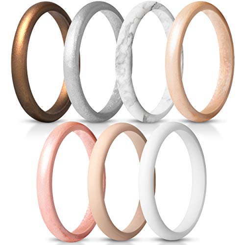 ThunderFit Women's Thin and Stackable Silicone Rings Wedding Bands - 7 Pack (Bronze, White, Rose Gold, Silver, Light Pink, Marble, Light Rose Gold, 7.5-8 (18.2mm))