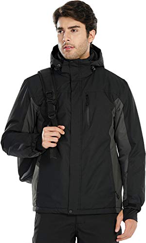 FREE SOLDIER Men's Waterproof Ski Snow Jacket Fleece Lined Warm Winter Rain Jacket with Hood(Black Gray,L)