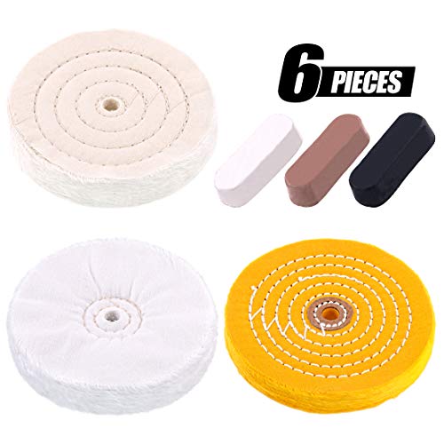 Swpeet 6Pcs 6 Inch Professional Buffing Polishing Wheels with 3 Colors Polishing Compounds Kit, Including Cotton (60 Ply), Yellow (42 Ply) and Flannel (30 Ply) with 1/2” Arbor Wheel for Bench Grindes