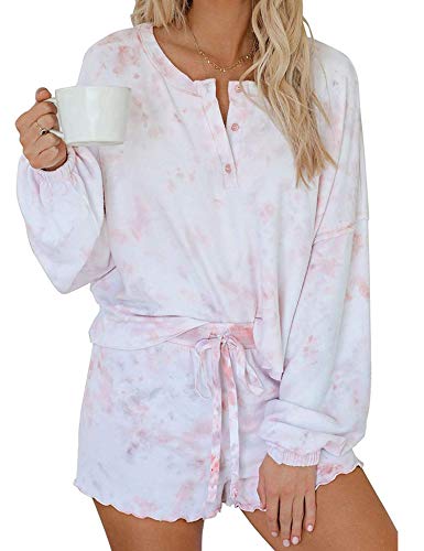 Kikibell Womens Summer Tie Dye Printed Frill Long Sleeve Shirt and Pants Pajamas Set Soft Cute Boyfriend Shorts PJ Set Jersey Shorty Sleepwear Lounge Wear Pink M