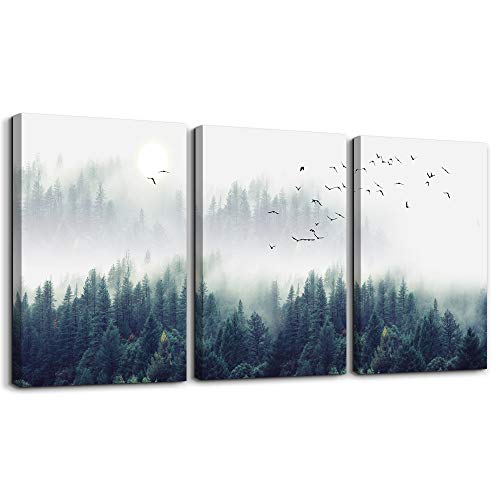 3 Piece Canvas Wall Art for Living Room - Misty Forests of Evergreen Coniferous Trees in an Ethereal Landscape - Modern Home Decor Stretched and Framed Ready to Hang - 12'x16'x3 Panels wall decor