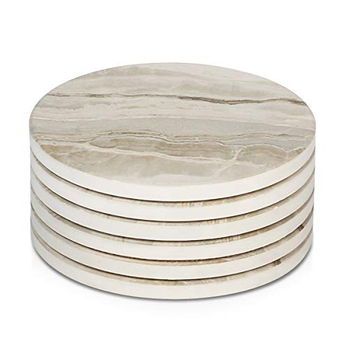 LIFVER Drink Coasters 6 Pieces Ceramic, Absorbent Coasters for Drinks,Stone Style Coaster Set with Cork Base for Wooden Table,Housewarming Gift for Friend