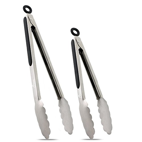 Hotec Stainless Steel Kitchen Tongs Set of 2 - 9' and 12', Locking Metal Food Tongs Non-Slip Grip (Black)