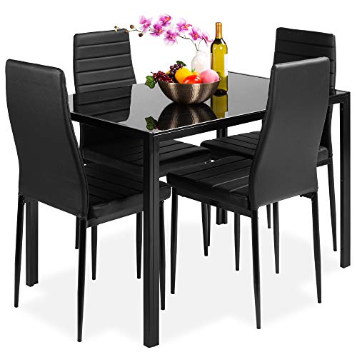 Best Choice Products 5-Piece Kitchen Dining Table Set for Dining Room, Kitchen, Dinette, Compact Space w/Glass Tabletop, 4 Faux Leather Metal Frame Chairs - Black