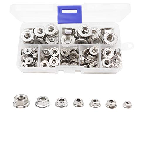 binifiMux 70Pcs Hexagon Flange Nuts Assortment Kit(7 Sizes), 304 Stainless Steel #6#8#10, 3/16' 1/4' 5/16' 3/8'