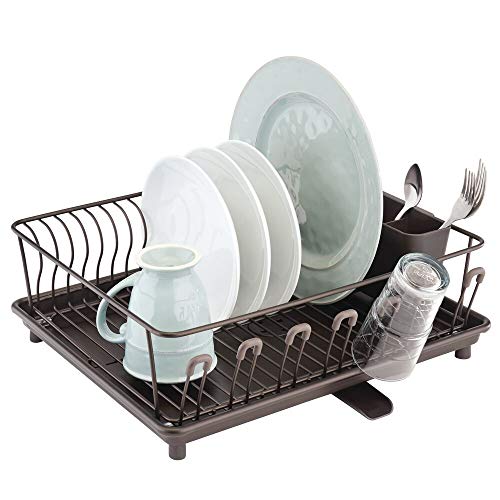 mDesign Large Metal Kitchen Countertop, Sink Dish Drying Rack - Removable Plastic Cutlery Tray, Drainboard with Adjustable Swivel Spout - 3 Pieces - Bronze