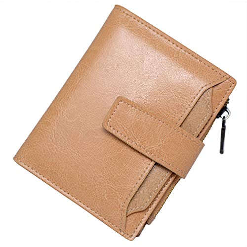 Women's RFID Blocking Leather Small Compact Bifold Zipper Pocket Wallet Card Case Purse with id Window(Khaki)