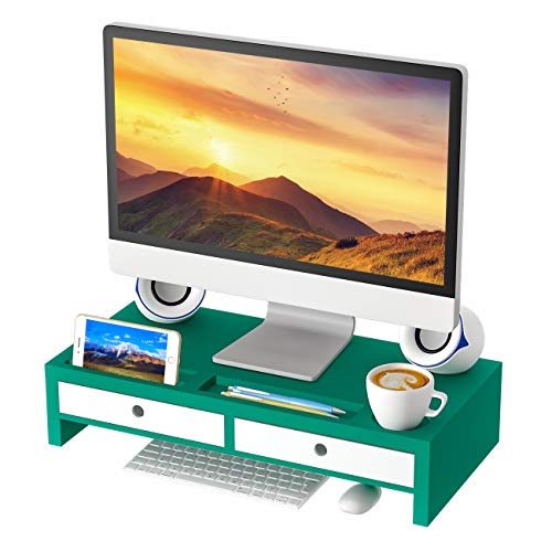 Computer Monitor Stand Desk Organizer – Assembled Green Wood Screen Laptop Printer Riser with Drawers 22.05L 10.60W 4.70H Inch