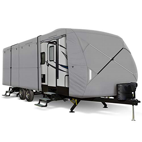 Leader Accessories Windproof Upgrade Travel Trailer RV Cover Fits 27'-30' Trailer Camper 3 Layer Size 366' L102 W104 H with Adhesive Repair Patch