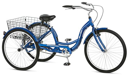 Schwinn Meridian Adult Tricycle with 26-Inch Wheels in Blue, with Low Step-Through Aluminum Frame, Front and Rear Fenders, Adjustable Handlebars, Large Cruiser Seat, and Rear Folding Basket