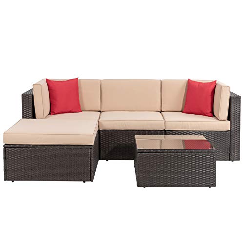 Vongrasig 5 Piece Patio Furniture Set, All-Weather Outdoor Small Sectional Patio Sofa Set, Wicker Rattan L-Shaped Patio Couch Conversation Set w/Ottoman, Glass Table, Beige Cushion & Red Pillow, Brown