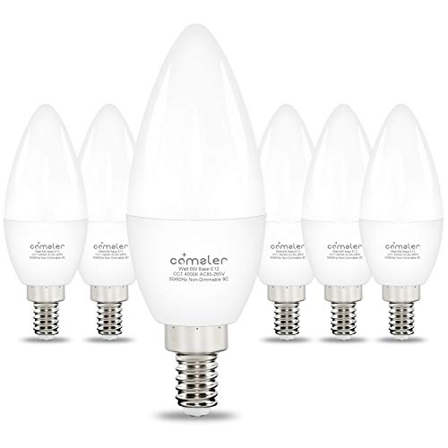 Type B Small Light Bulb Candelabra LED Light Bulb E12 Small Base 4000K Cool White - 60watt Equivalent,600LM,Non-Dimmable Candelabra Bulbs, Pack of 6 Comzler