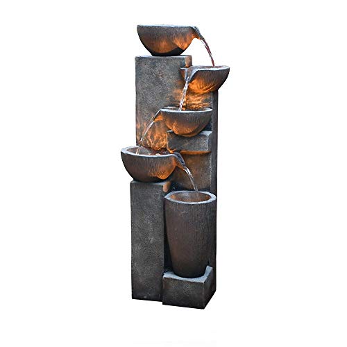 GF Gardenfans 5-Tier Outdoor Water Fountain Decor with LED Lighting Natural Looking Stone Resin Fountain Decor for Garden Patio Fold Court Yard Deck 12.99〃 L x 13.78〃 W x 39.76〃 H