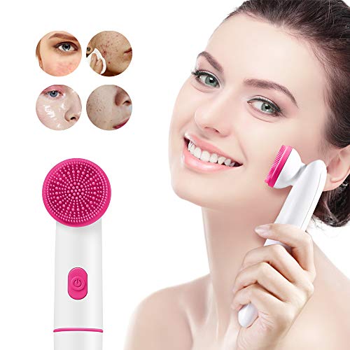 Hetian Sonic Facial Cleansing Brush Face Scrubber Electric Deep Skin Cleaner Massager Waterproof Skincare Tools Kit (Red)