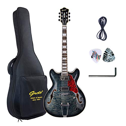 GROTE Jazz Electric Guitar Water Ripple Semi-Hollow Body Trapeze Tailpiece Guitar Bag (Black)