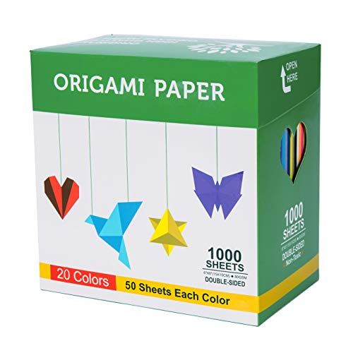 BUBU Origami Paper 1000 Sheets 6 Inch Square Double Sided Color 20 Vivid Colors for Beginners Trainning and School Craft Lessons