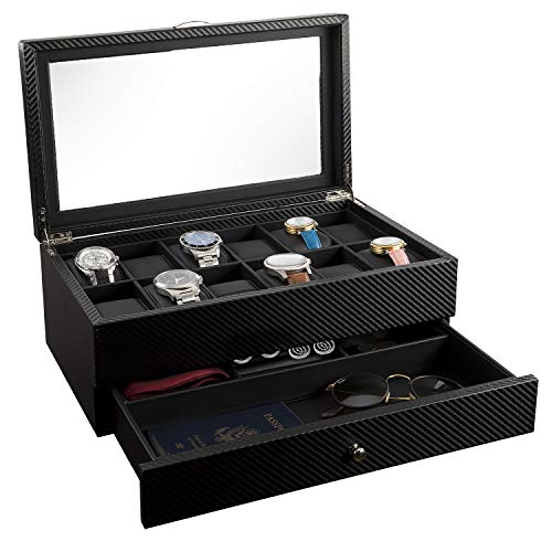 Watch Box- Display Case & Organizer For Men| First-Class Jewelry Watch Holder| 12 Watch Slots & Valet Drawer for Sunglasses, Rings, Phone| Sleek Black Color, Glass Top, Carbon Fiber, & Faux Leather