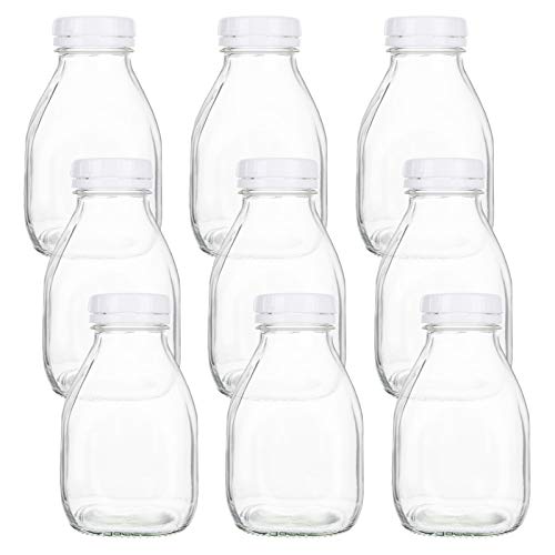 Bekith 9 Pack 16oz Heavy Glass Milk Bottles with White Screw On Caps, Vintage Breakfast Shake Container for Beverage Glassware and Drinkware Parties, Weddings, BBQ, Picnics