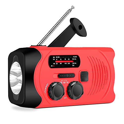 Emergency Solar Radio, AM/FM NOAA Weather Redio for Household and Outdoor, Hand Crank Self Powered Radio with LED Flashlight 2000mAh for Phone Charger Red