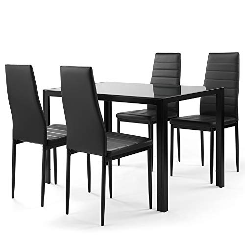 Recaceik Dining Table Set, Can Accommodate 4 People, Glass Table and PU Leather Chair, Black