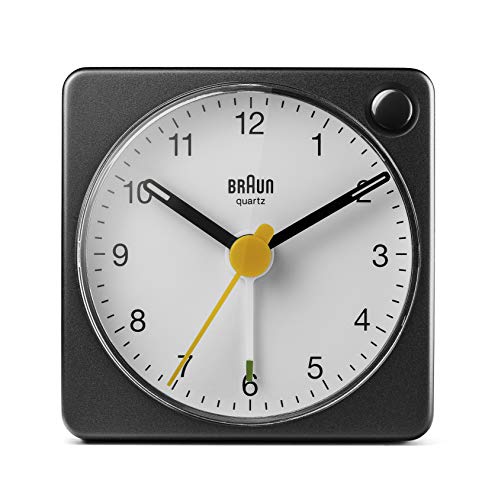 Braun Classic Travel Analogue Alarm Clock with Snooze and Light, Compact Size, Quiet Quartz Movement, Crescendo Beep Alarm in Black and White, Model BC02XBW.