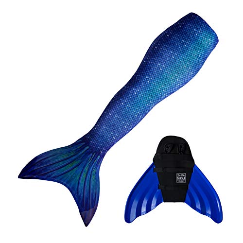 Sun Tails Mermaid Tail + Monofin for Swimming (2- Child L (8/10), Ocean Deep - Blue Monofin)