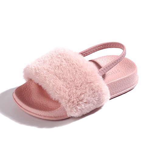 FITORY Girls Sandals Toddler, Faux Fur Slides with Elastic Back Strap Flats Shoes for Kids Pink Size 6