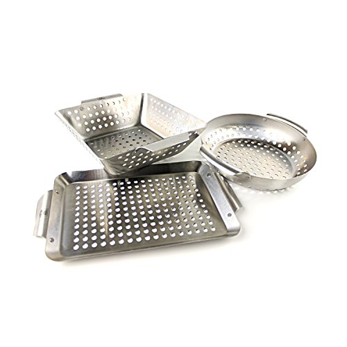 Yukon Glory Set of 3 Professional Barbecue Mini Grilling Basket Set, Heavy Duty Stainless Steel Perforated Grill Baskets for Grilling Veggies, Seafood, and More