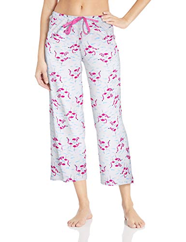 HUE Women's Printed Knit Capri Pajama Sleep Pant, White - Flamingals, Medium