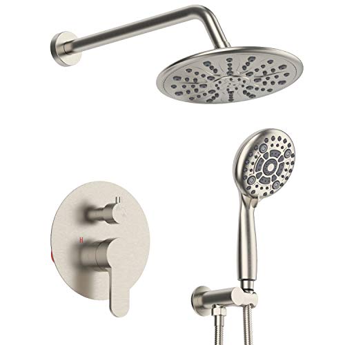 Shower System-Rainfall Shower Faucet Set with 6-Settings Handheld Shower and High Pressure Shower Head, Contain Rough in Valve and Trim Kit, Brushed Nickel