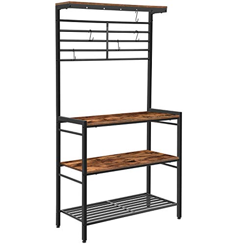 HOOBRO Kitchen Baker's Rack, Kitchen Microwave Oven Stand with High Display Shelf, 2 Wood Shelves and Mesh Panel, Kitchen Island Rack with 6 Hooks, Adjustable Feet, Metal Frame, Rustic Brown BF01HB01