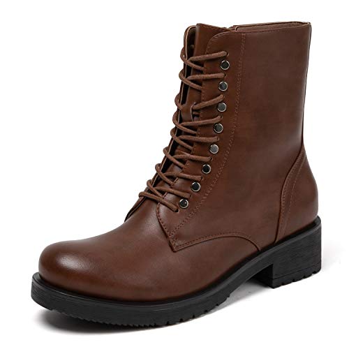 katliu Women's Combat Boots Side Zipper Military Booties Lace Up Ankle Boots Brown