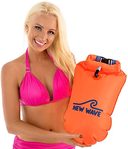 New Wave Swim Buoy - Swim Safety 20L Orange PVC Float with Drybag for Open Water Swimmers Triathletes Kayakers Snorkelers, Open Water Swim Buoy Float for Safer Swim Training (PVC 20 Liter Orange)