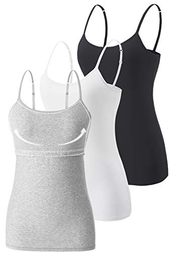 Air Curvey Womens Camisole with Shelf Bra Cotton Undershirts Adjustable Strap Camis Spaghetti Strap Tank Tops 2-3 Pack Black Whte Grey M