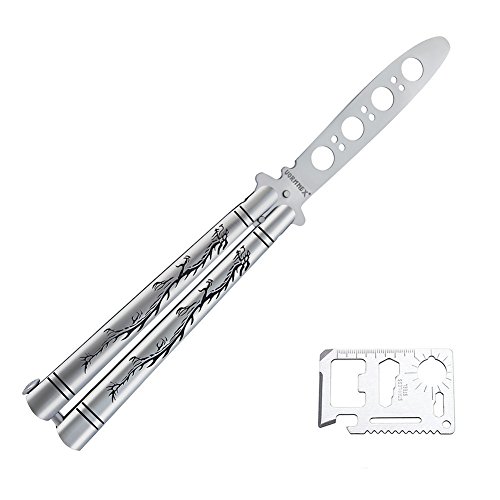VORNNEX Practice Butterfly Knife with Sure Spring Latch, Full Stainless Steel Black Dragon Dull Balisong Trainer, Unsharpened Butterfly Knife Comb for CS GO Training(Silver)