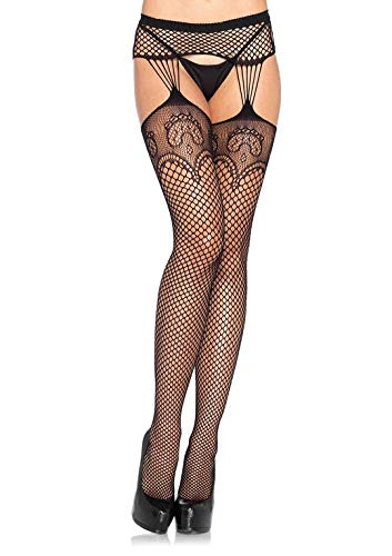 Leg Avenue Women's Fishnet Stockings with Attached Garter Belt, Industrial Black, One Size