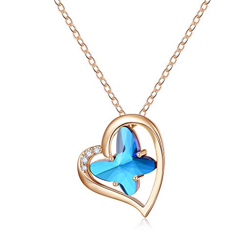 Heart Butterfly Necklaces for Women, Crystal Blue Butterfly Pendant Necklace Butterfly Jewelry Gifts, Dainty 14K Rose Gold Plated Heart Butterfly Charm Necklaces for Women
