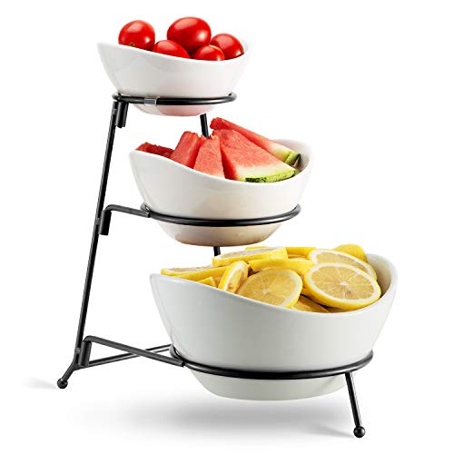 3 Tier Oval Bowl Set with Metal Rack,HabiLife Three Ceramic Fruit Bowl Serving - Tiered Serving Stand - Dessert Appetizer Cake Candy Chip Dip (Black)
