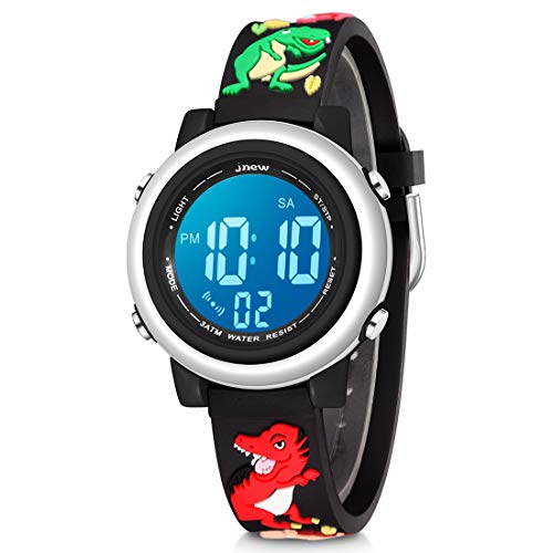 Jianxiang Kids Digital Sport Watches for Girls Boys, Waterproof Outdoor LED Timer with 7 Colors Backlight 3D Cartoon Silicone Band Child Wristwatch (Dinosaurs Black)