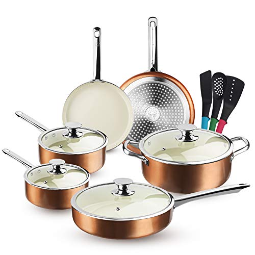 FRUITEAM 13-Piece Cookware Set Non-stick Ceramic Coating Cooking Set, Induction Pots Pans Set with Lids, Heavy Duty Stainless Steel Handles, Induction, Oven, Gas, Stovetops Compatible for Family Meals