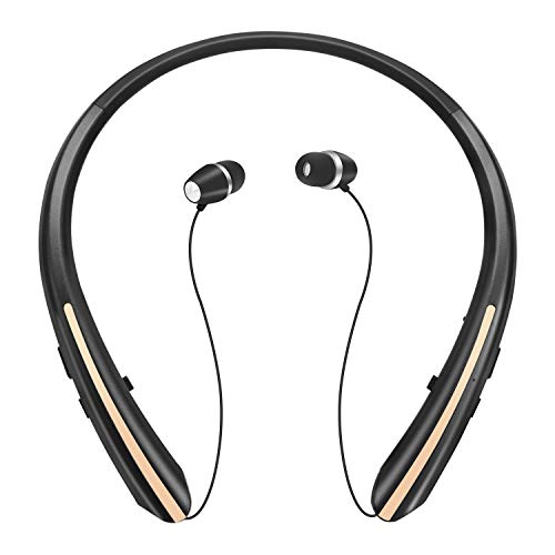 Retractable Bluetooth Headphones, Wireless Earbuds Stereo Headsets Neckband Earphone Noise Canceling with Mic by Mikicat (2020 Upgraded, 20 Hours Playtime, Black Gold)