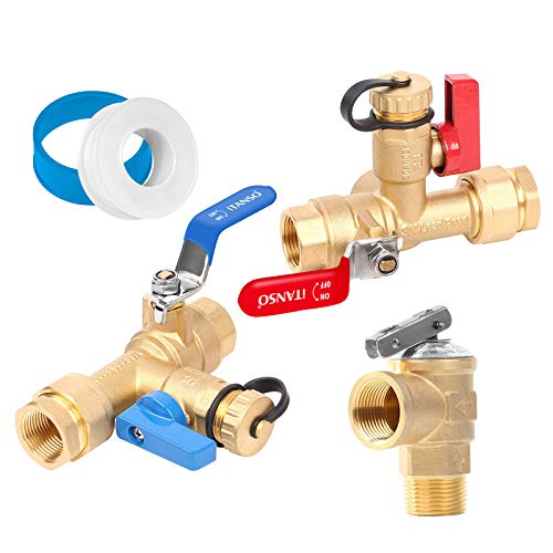 iTANSO 3/4-inch IPS Isolator Tankless Water Heater Service Valve Kit, with Pressure Relief Valve and Clean Brass Construction