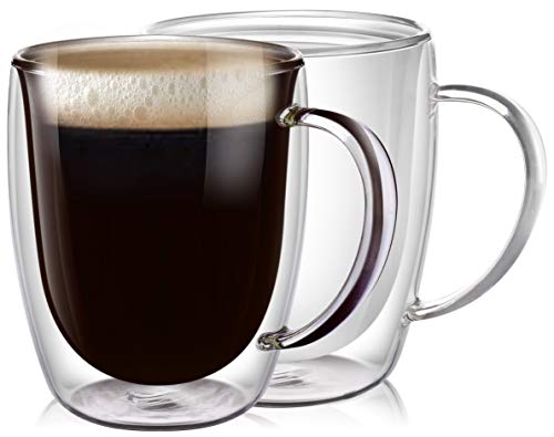 PunPun Clear Coffee Mugs Set of 2, Glass for Coffee, Double Wall Insulated Glass Mugs with Big Handle, Clear Mugs Each 12.9 Ounces, 380ml, Perfect for Americano, Latte, Cappuccinos and Beverage.