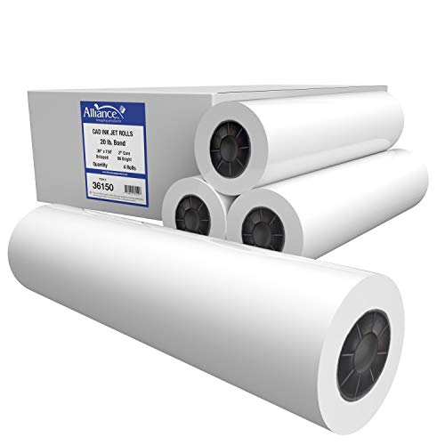 Alliance CAD Paper Rolls, 36” x 150', 96 Bright, 20lb - 4 Rolls Per Carton - Ink Jet Bond Rolls with 2' Core (36150)